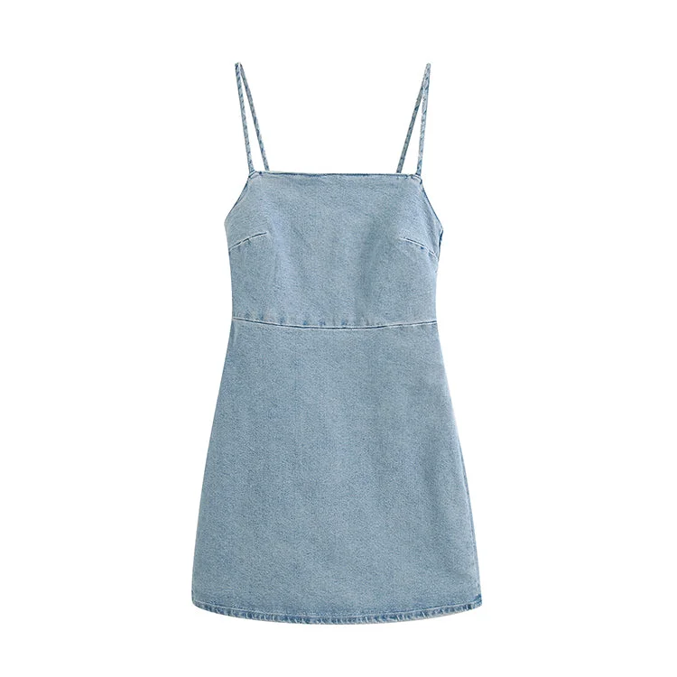 Suspender commuter style shoulder strap denim dress  7021