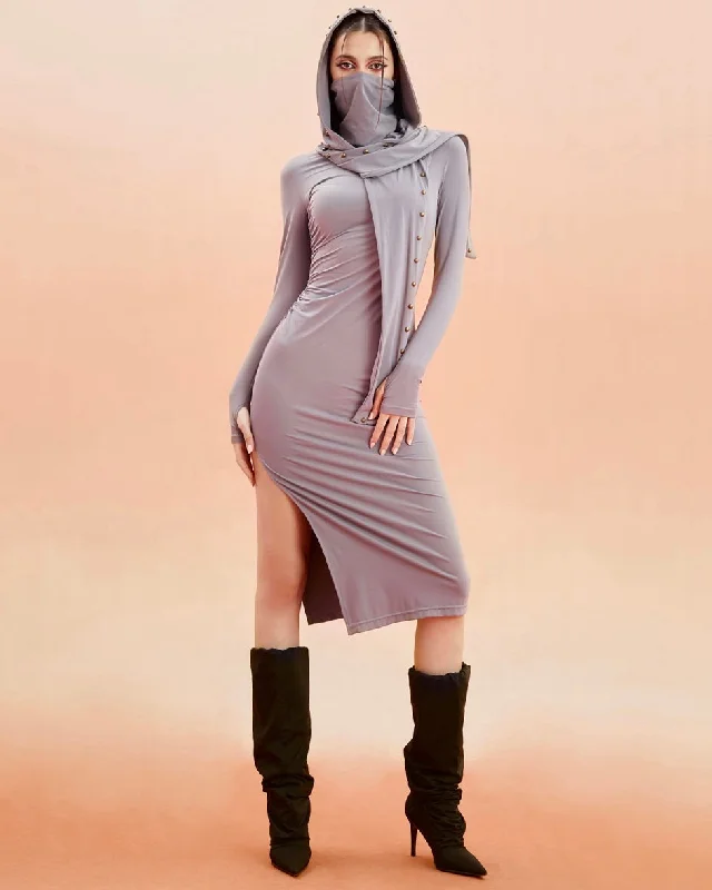 Unicorn Blood Solid Color Grey Long Sleeve Slim Side Slit Short Hooded Dress