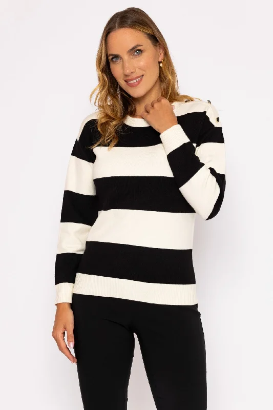 Button Neck Knit in Black and Ecru