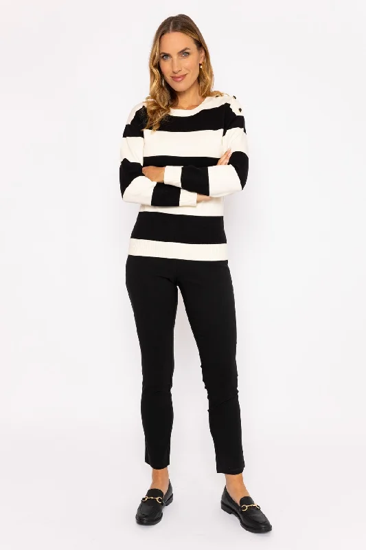 Button Neck Knit in Black and Ecru