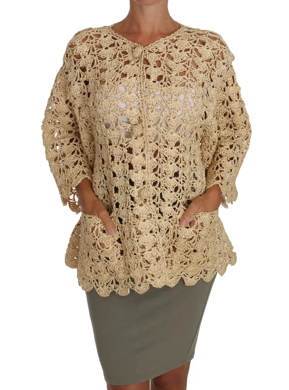 Chic Beige Crochet Raffia Cardigan