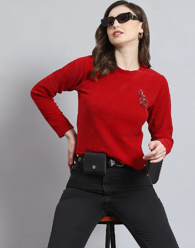 Women Red Embroidered Round Neck Full Sleeve Sweater