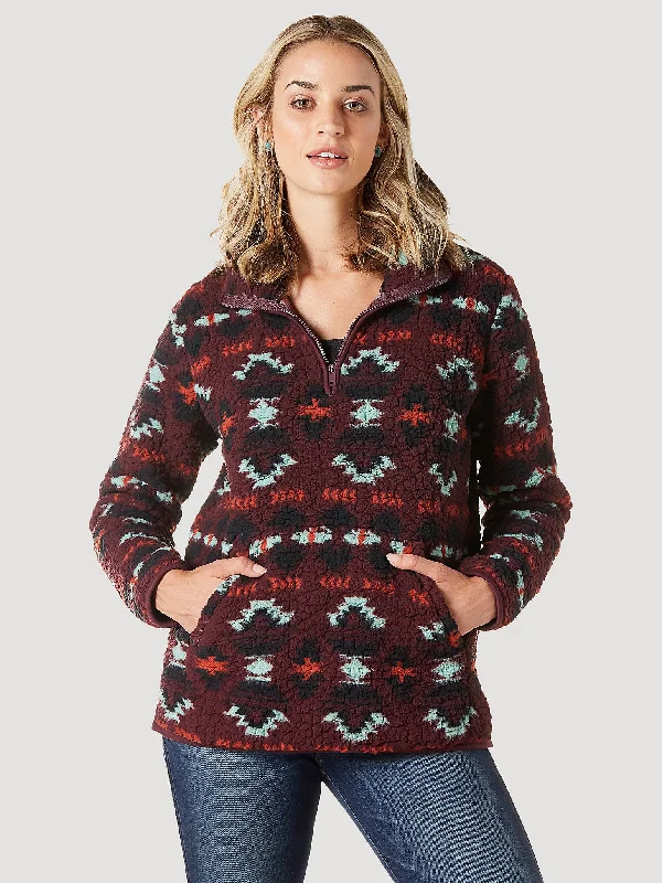 Women's Wrangler Retro Southwestern Print Quarter-zip Sherpa Pullover In Wine Tasting