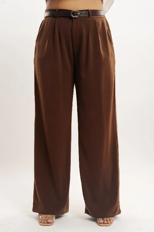 Brown Pleated Straight Fit Curve Korean Pants