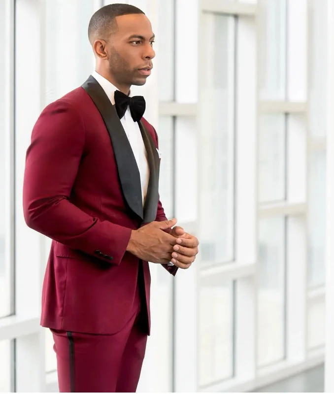 Burgundy Wedding Tuxedos Black Shawl Lapel Men's Business Suit (Jacket + Pants + Bow)Groomsmen Suits Spring  Wedding Suits