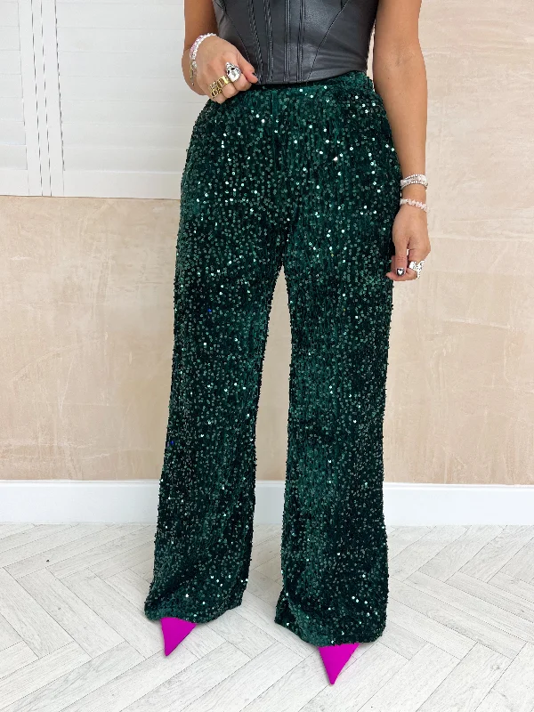 High Waisted Wide Leg Sequin Trousers In Green