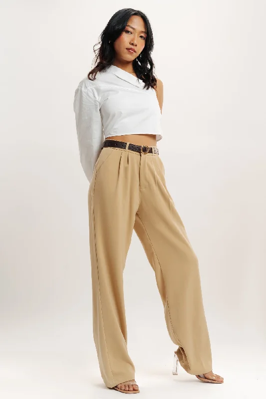 Cream Pleated Straight Fit Korean Pant