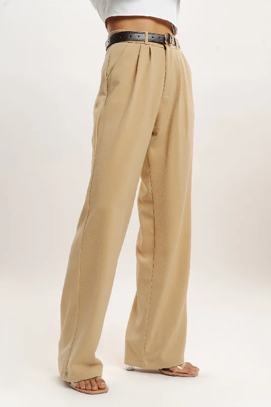 Cream Pleated Straight Fit Korean Pant