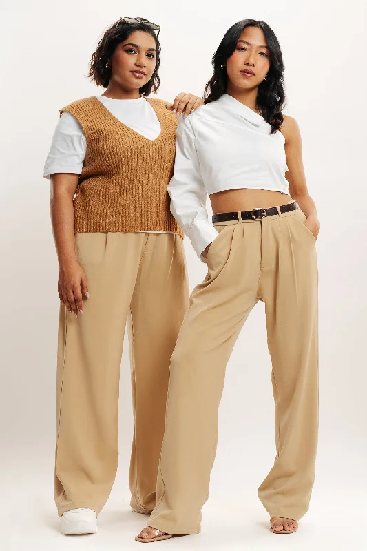 Cream Pleated Straight Fit Korean Pant