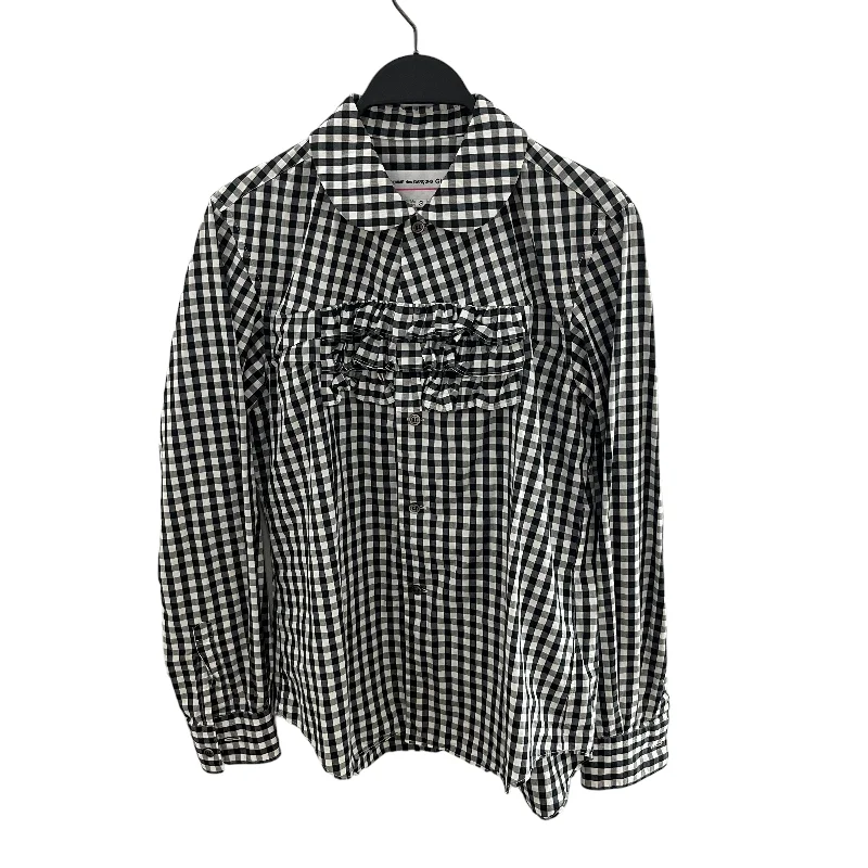 COMME des GARCONS/LS Blouse/S/Gingham Check/Cotton/WHT/RUFFLE FRONT