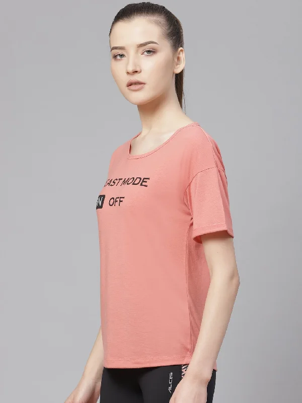 Alcis Women Peach-Coloured Printed Round Neck T-shirt