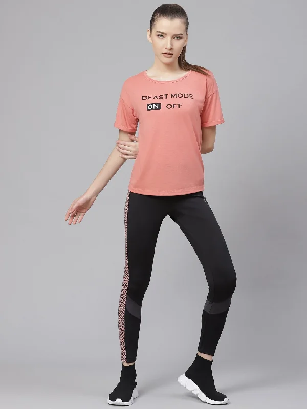 Alcis Women Peach-Coloured Printed Round Neck T-shirt