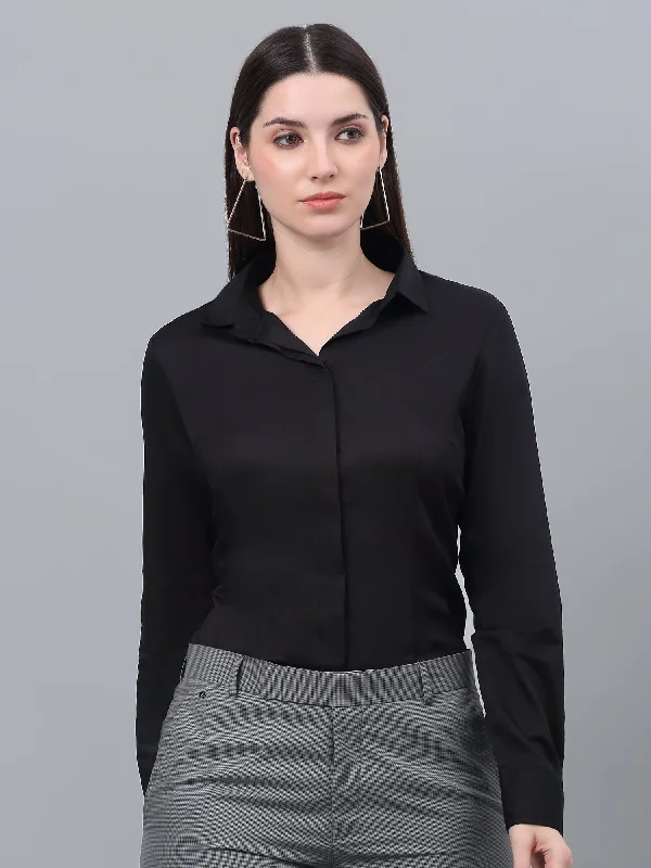 Cantabil Cotton Solid Full Sleeve Regular Fit Black Formal Shirt for Women