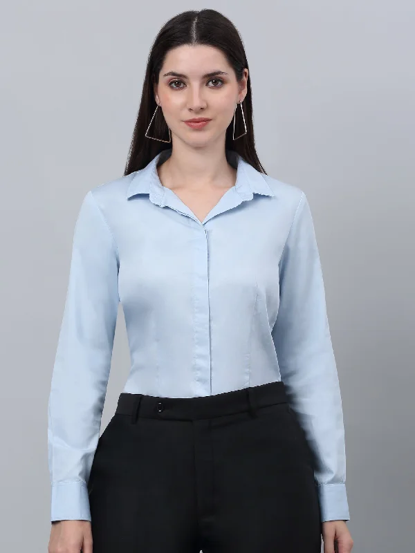 Cantabil Cotton Solid Full Sleeve Regular Fit Sky Blue Formal Shirt for Women