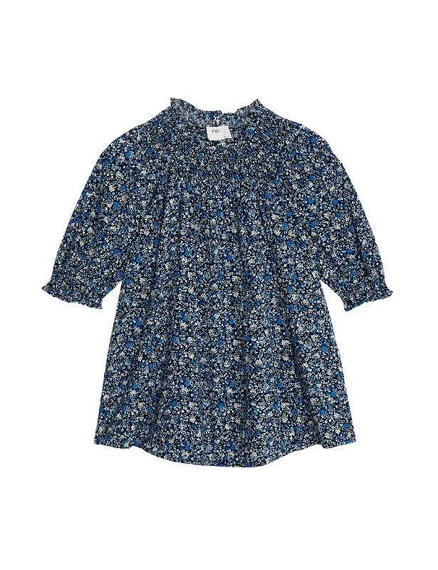 Cotton Blend Printed Smocked Blouse