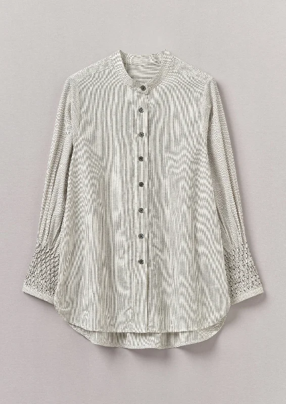 Hand Smocked Stripe Cotton Linen Shirt | Charcoal/Ecru