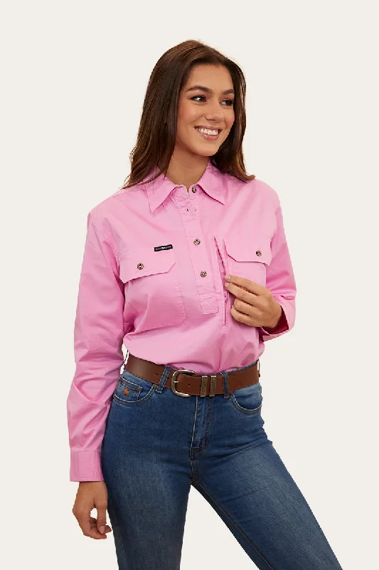 Herefords Womens Half Button Work Shirt - Pastel Pink/Beige