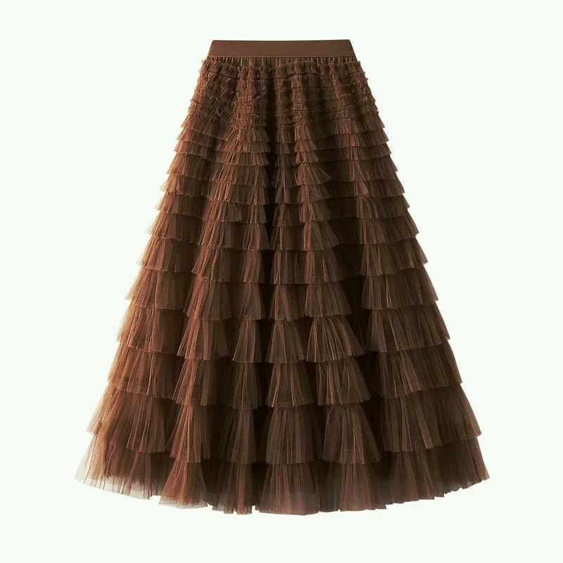 Mesh Ruffled Temperament  Women Skirt  Spring Summer Autumn New Fashion  Long  Thin Casual Daily Cake Skirt