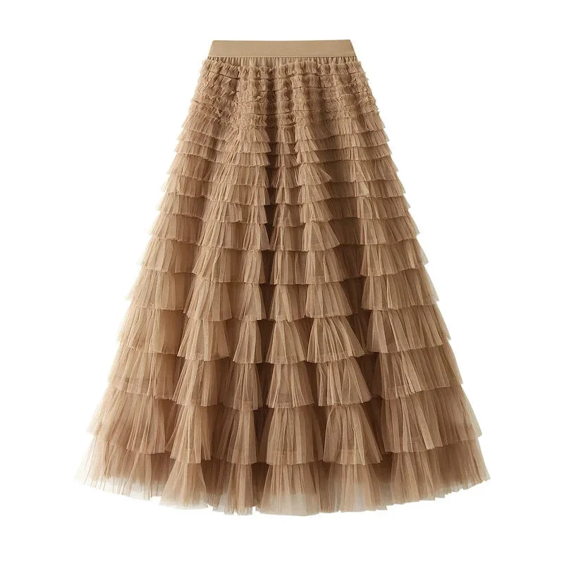 Mesh Ruffled Temperament  Women Skirt  Spring Summer Autumn New Fashion  Long  Thin Casual Daily Cake Skirt