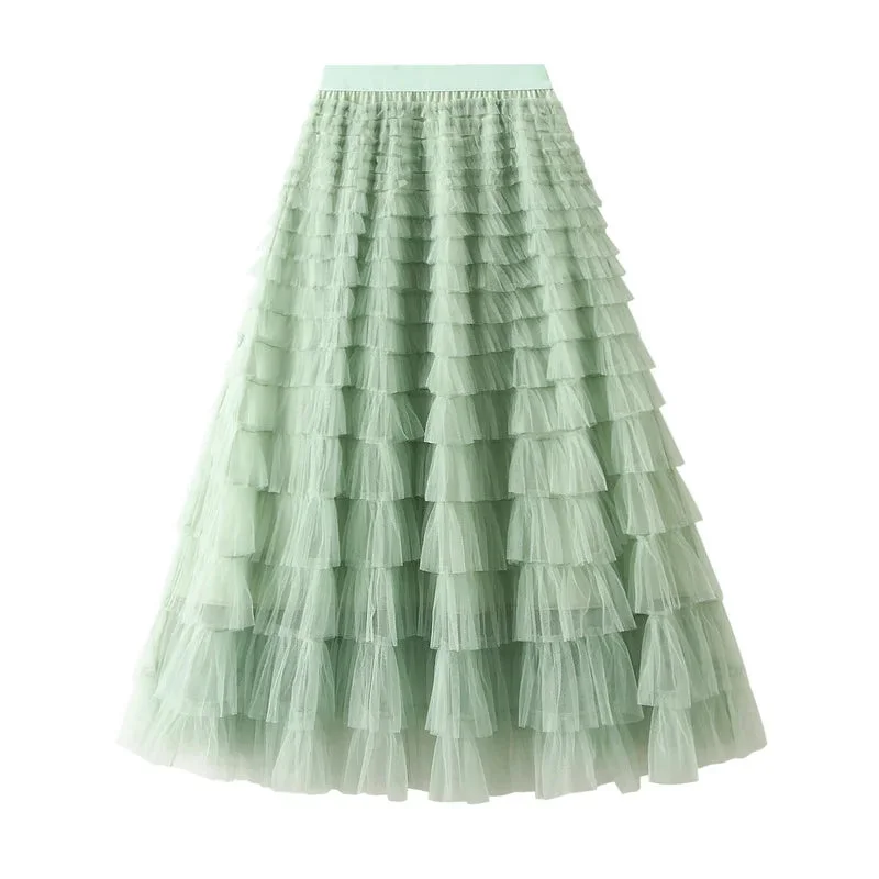 Mesh Ruffled Temperament  Women Skirt  Spring Summer Autumn New Fashion  Long  Thin Casual Daily Cake Skirt