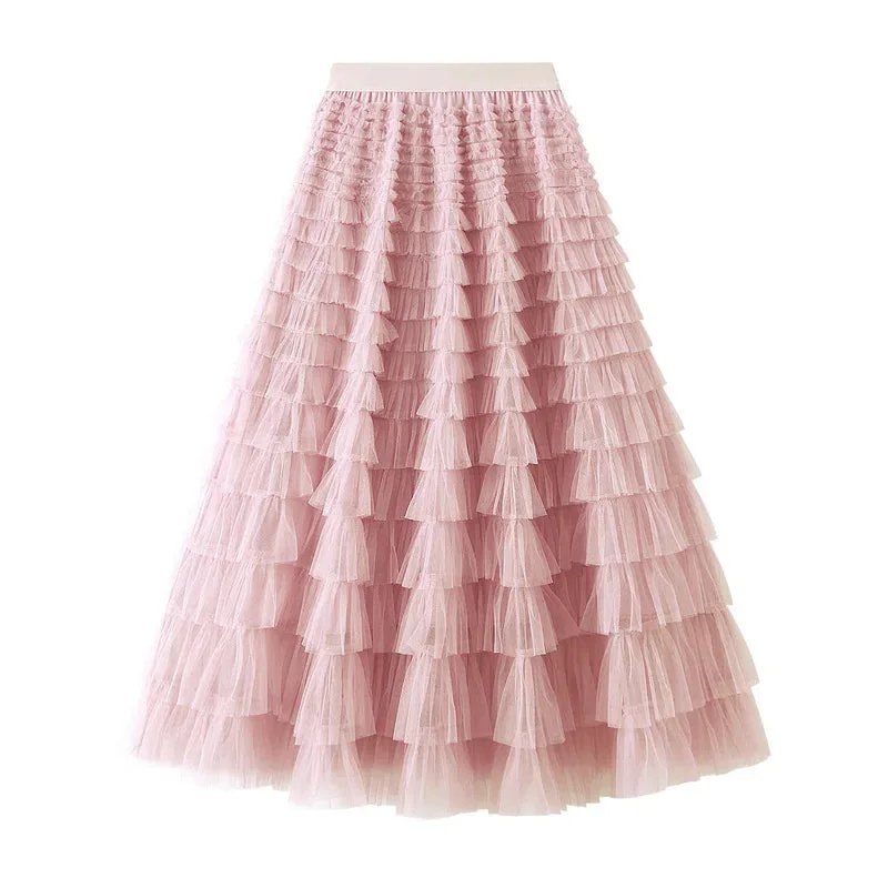 Mesh Ruffled Temperament  Women Skirt  Spring Summer Autumn New Fashion  Long  Thin Casual Daily Cake Skirt