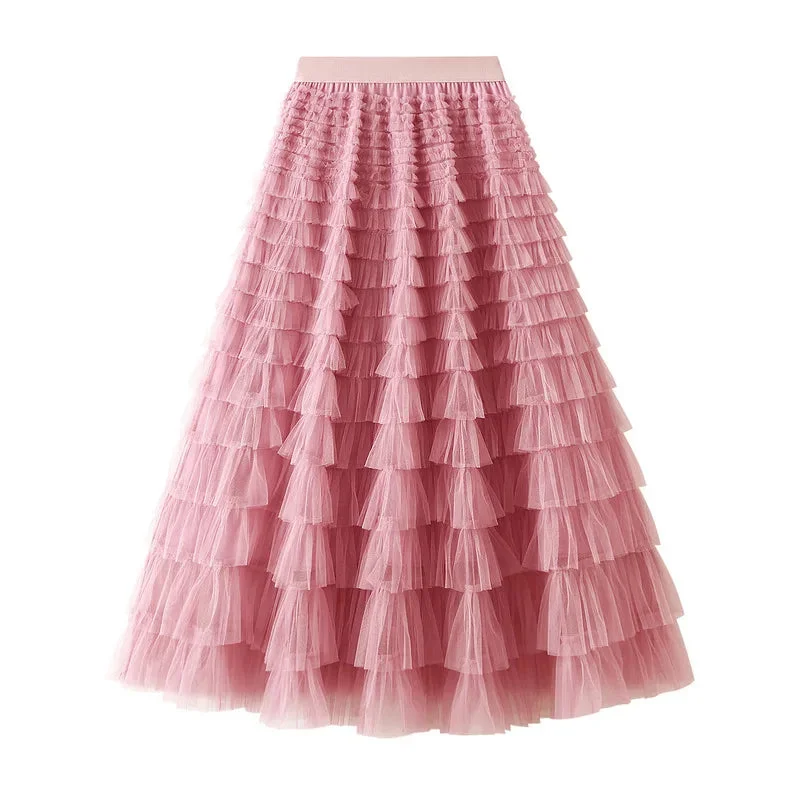 Mesh Ruffled Temperament  Women Skirt  Spring Summer Autumn New Fashion  Long  Thin Casual Daily Cake Skirt