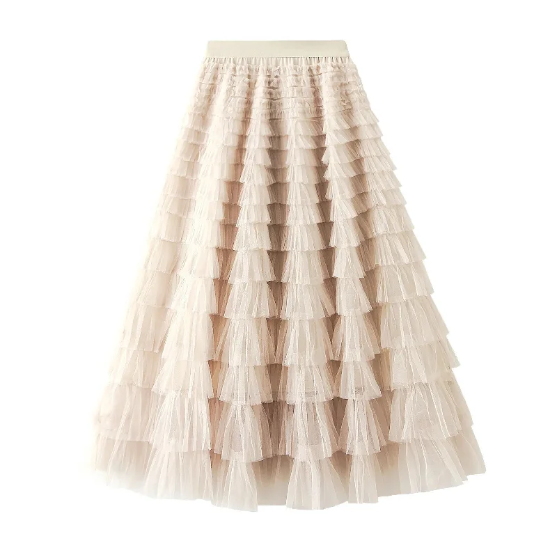 Mesh Ruffled Temperament  Women Skirt  Spring Summer Autumn New Fashion  Long  Thin Casual Daily Cake Skirt