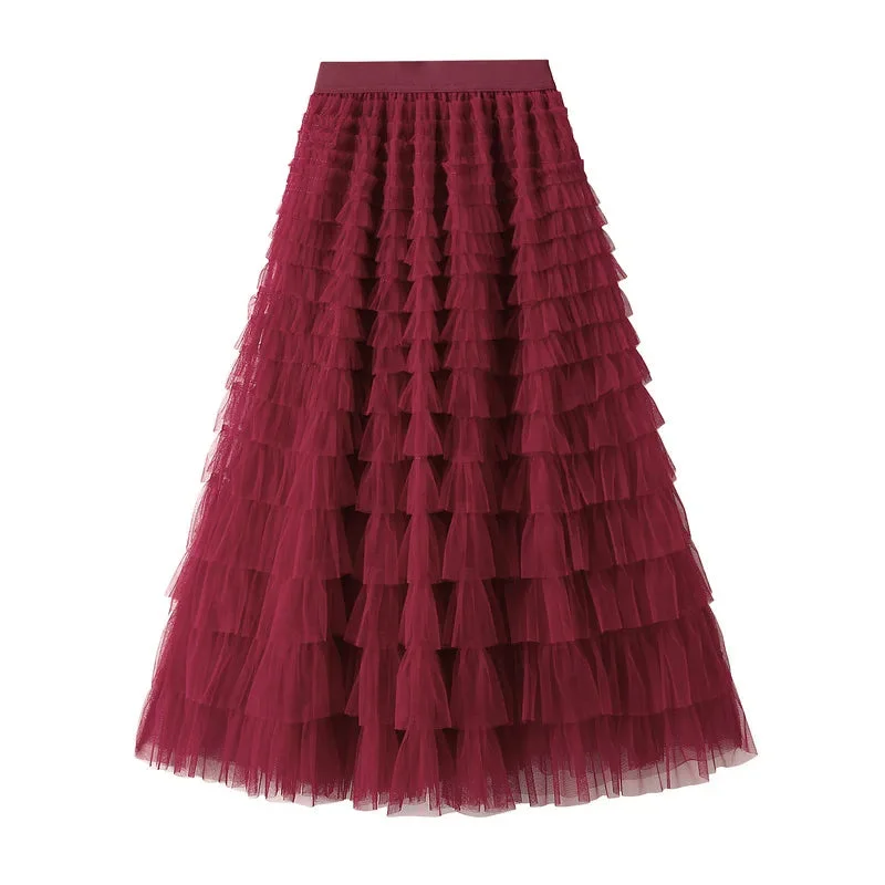 Mesh Ruffled Temperament  Women Skirt  Spring Summer Autumn New Fashion  Long  Thin Casual Daily Cake Skirt