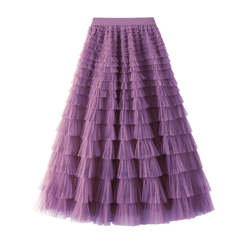 Mesh Ruffled Temperament  Women Skirt  Spring Summer Autumn New Fashion  Long  Thin Casual Daily Cake Skirt