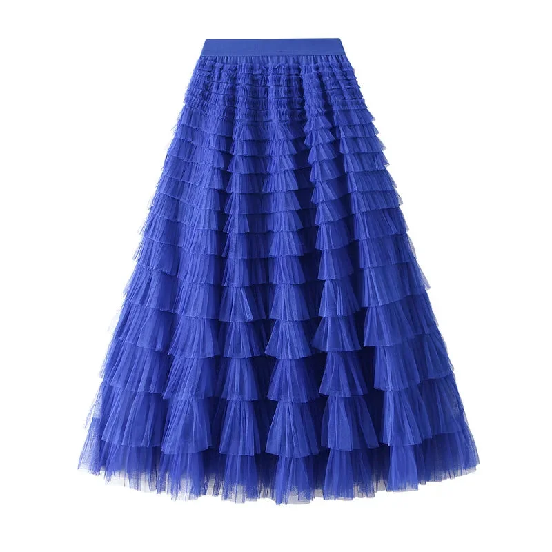 Mesh Ruffled Temperament  Women Skirt  Spring Summer Autumn New Fashion  Long  Thin Casual Daily Cake Skirt