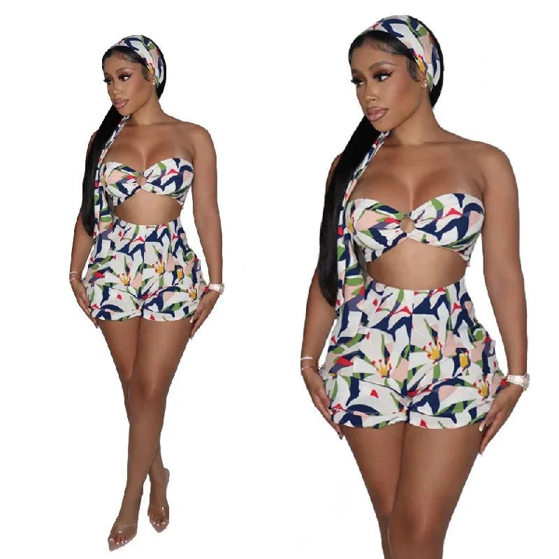 2 Pieces Set Beach Wear Women Swimwear Print Woman Outfits Headbands Beach Tank Top and 3 piece Shorts Set Women