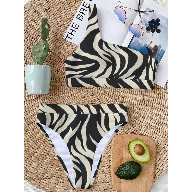 Zebra Pattern Women's Bikini With Single Shoulder