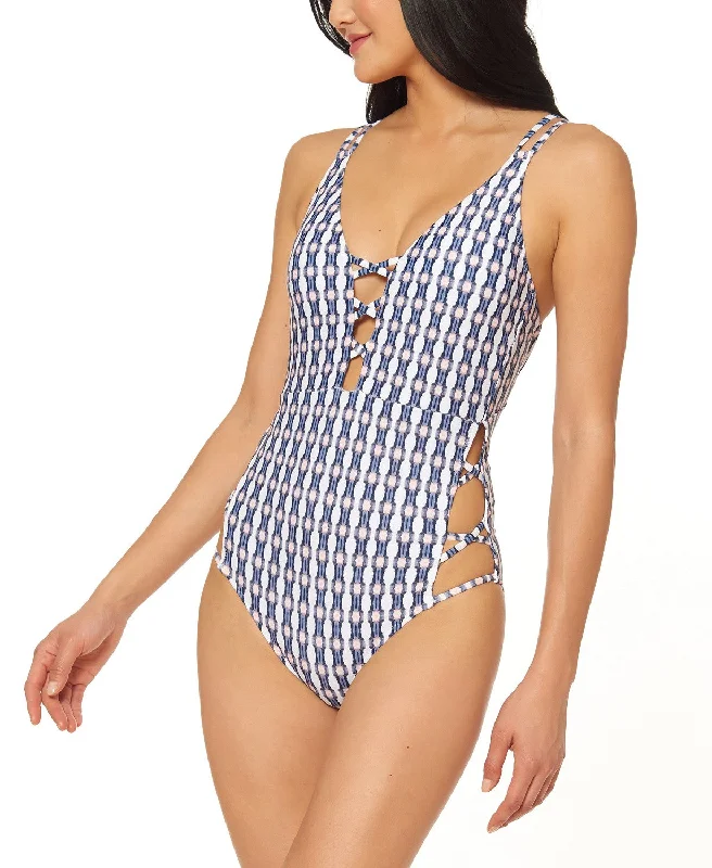 Jessica Simpson Women's Printed Plunging Strappy One-Piece Swimsuit, M