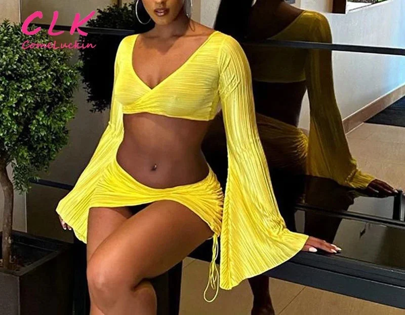 Long Sleeve Sexy Two Piece Skirt Set Vacation Beach For Women 2023 Summer Yellow Plicated Bodycon Mini Skirt Set