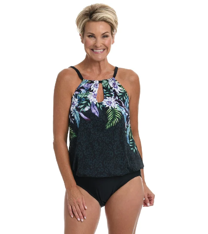 Maxine Women's Fiji Floral High Neck Keyhole Blouson Mio One Piece Swimsuit Black