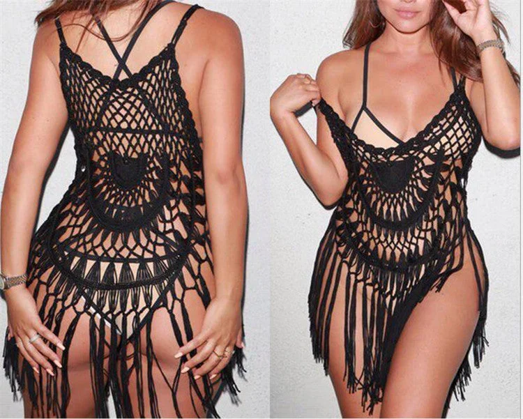 Plus Size Bathing Suit Handmade Crochet Tassel Bikini Cover Up Swimwear Summer Beach Dress