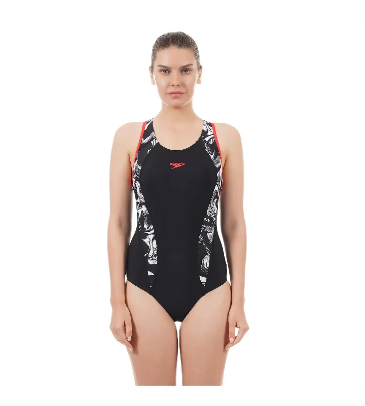 Women's Endurance 10 Side Panel Print Laneback One Piece Swimwear - Black & White