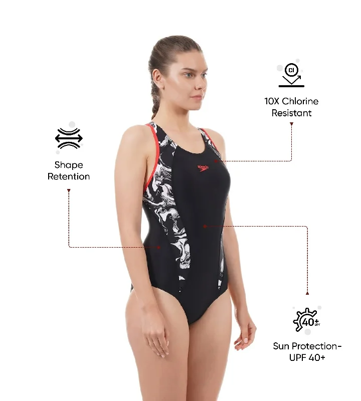 Women's Endurance 10 Side Panel Print Laneback One Piece Swimwear - Black & White