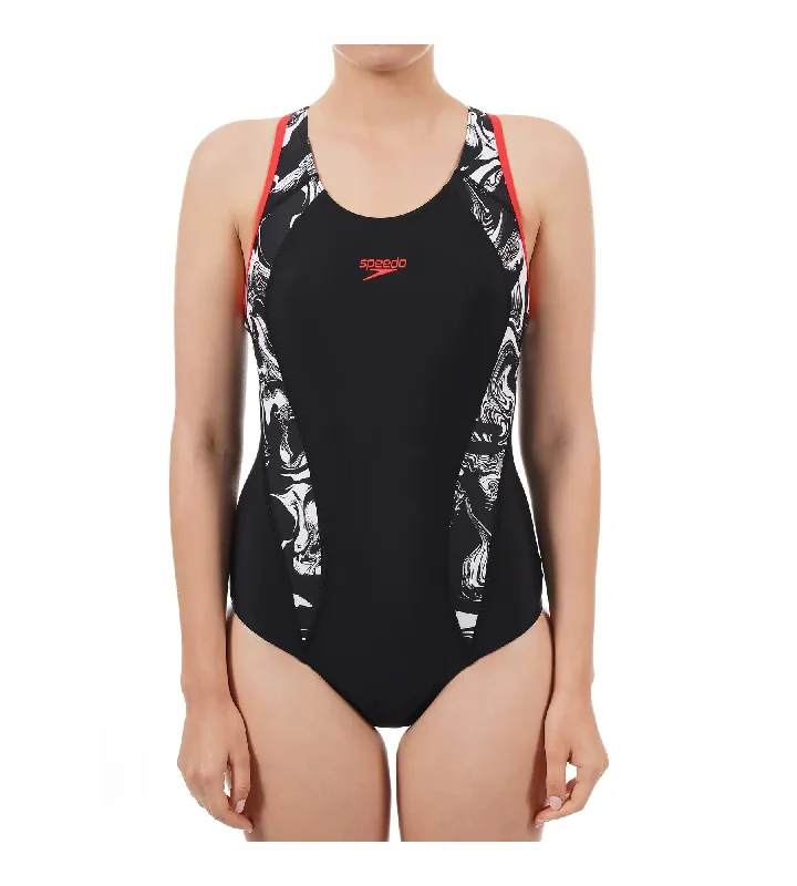 Women's Endurance 10 Side Panel Print Laneback One Piece Swimwear - Black & White