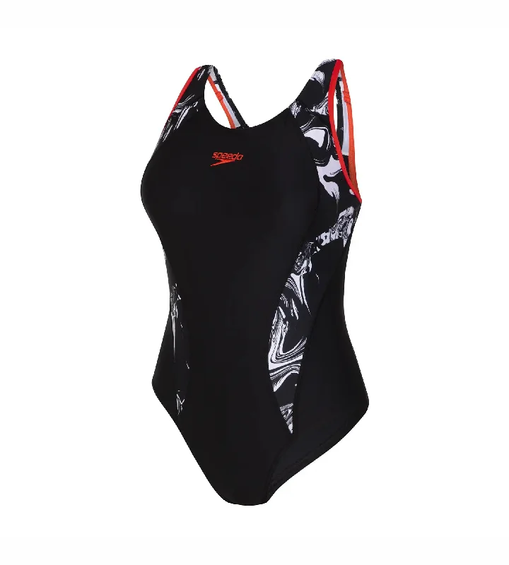 Women's Endurance 10 Side Panel Print Laneback One Piece Swimwear - Black & White