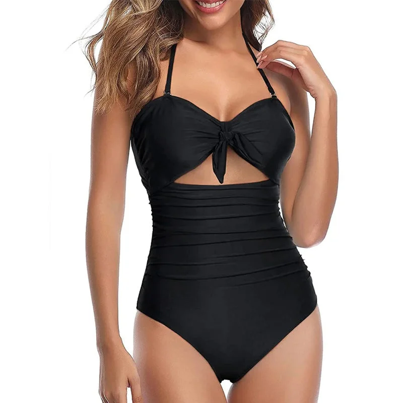 Slim Sexy Push Up Flab Hiding Halter Lace Up One Piece Double Shoulder Strap Swimsuit