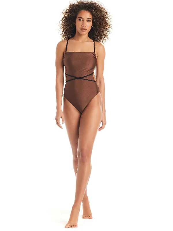 Straight Neck Tie Mio One-Piece Swimsuit Black/Chocolate