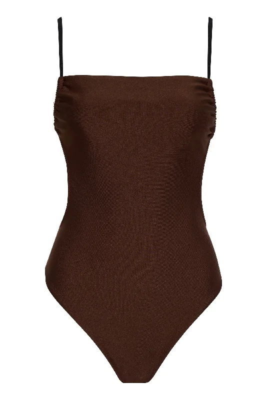 Straight Neck Tie Mio One-Piece Swimsuit Black/Chocolate