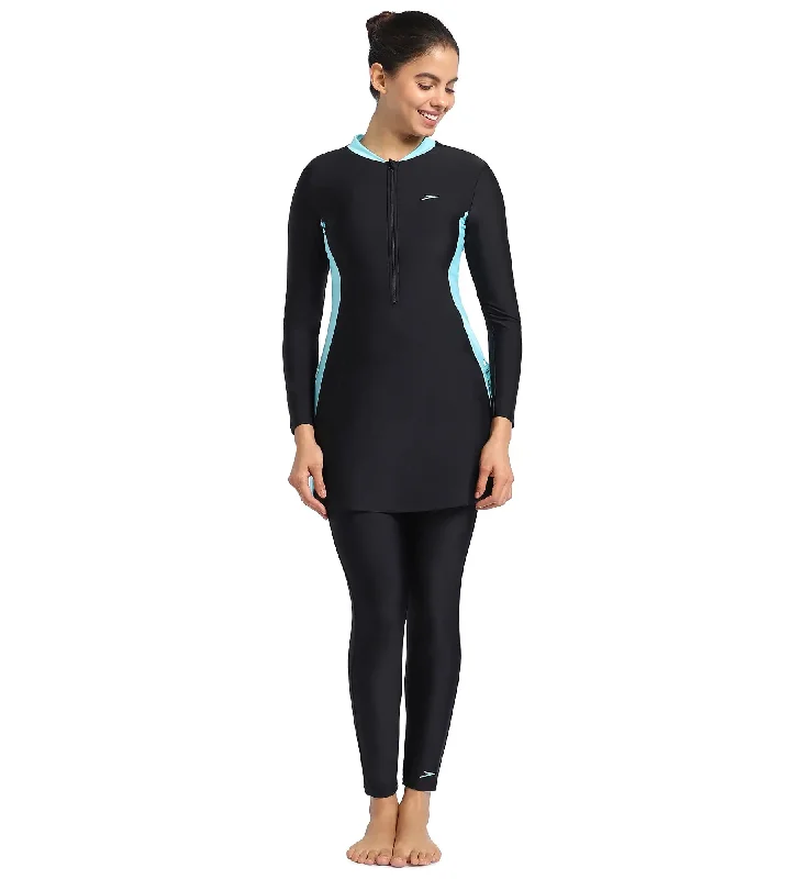 Women's Endurance 10 Two Piece Full Body Suit Swimwear - Black & Marine Blue