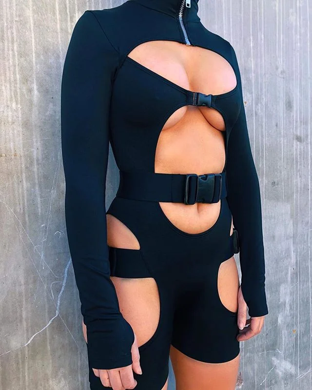 Long Sleeve High Neck Buckle Rompers