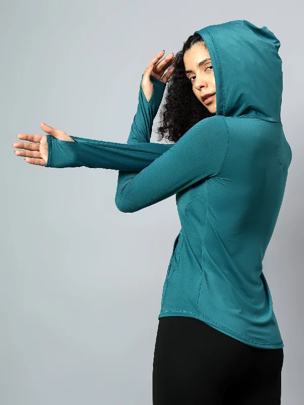 Fitkin Women's Teal Green Self Design Longsleeve Hooded Tshirt