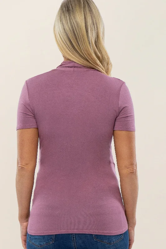 Mauve Solid Short Sleeve Wrap Front Maternity/Nursing Top