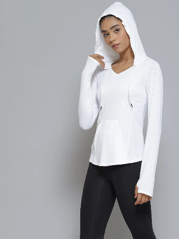 Fitkin Women White  Self Design Hooded Sports T-shirt